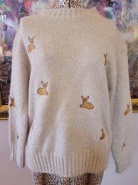 Gold Tinsel Embroidered Deer Motif Crewneck Oversized Sweater